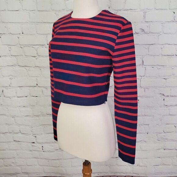 Thakoon Addition Striped Long Sleeve Crop Top Red Blue 2 - Picture 4 of 8